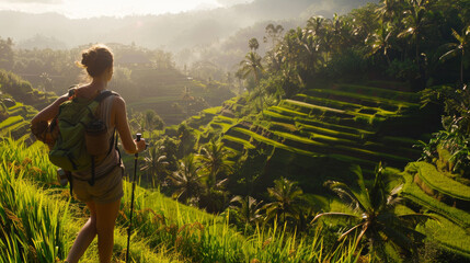 Back view of a caucasian traveler hiking through Asia lush rice terraces with a breathtaking view of the terraced landscape and tourist with a backpack