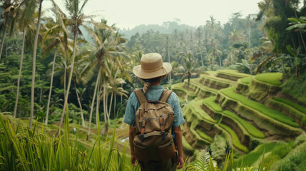 Back view of a caucasian traveler hiking through Asia lush rice terraces with a breathtaking view of the terraced landscape and tourist with a backpack