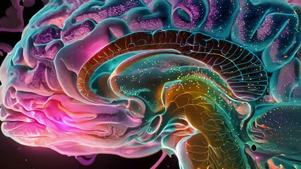 A closeup of a holographic representation of the human brain showcasing its complex structures and functions with various colors indicating different regions and specialized - Powered by Adobe