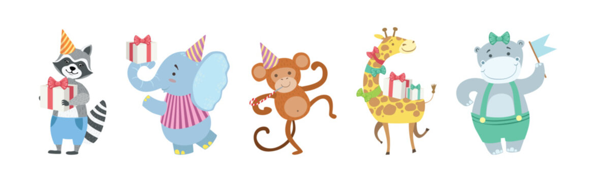 Funny Animal Celebrate Happy Birthday Holiday Vector Set