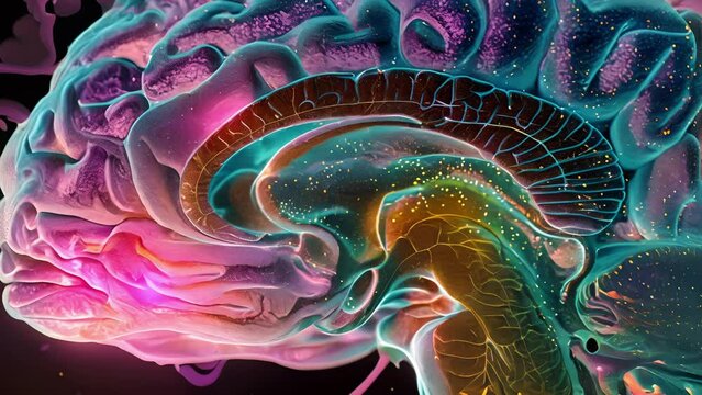 A closeup of a holographic representation of the human brain showcasing its complex structures and functions with various colors indicating different regions and specialized
