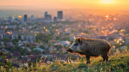 Wild boar looking at a city representing nature gaining on city and rural return on towns - obrazy, fototapety, plakaty