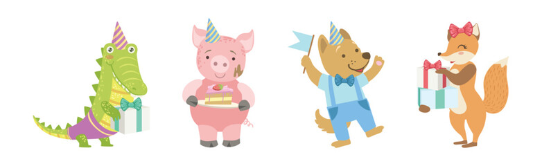 Funny Animal Celebrate Happy Birthday Holiday Vector Set