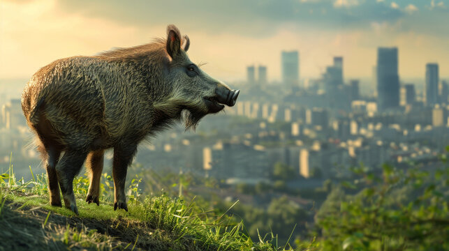 Wild boar looking at a city representing nature gaining on city and rural return on towns