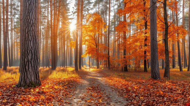 Beautiful autumn forest with golden trees and sun rays shining through the leaves on the path.