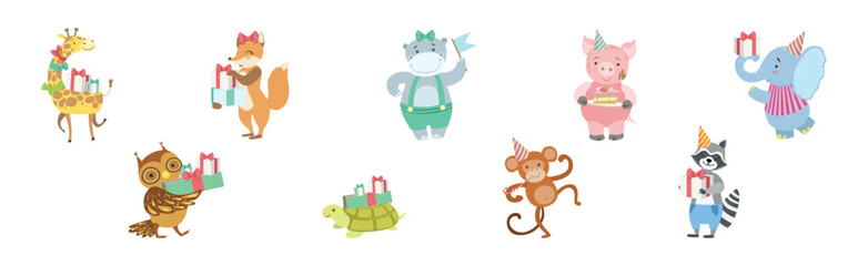 Funny Animal Celebrate Happy Birthday Holiday Vector Set