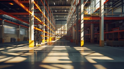 Fototapeta premium Sunlit Warehouse Interior, Ideal for Industrial and Logistics Themes