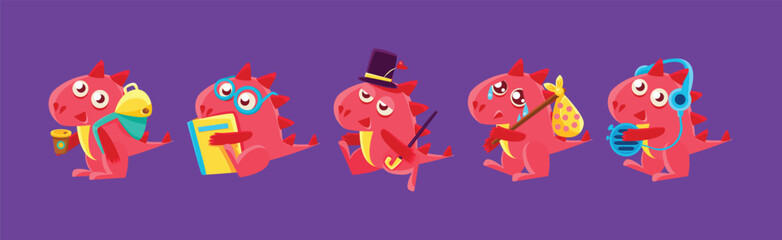 Cute Red Funny Dragon Character in Different Situation Vector Set