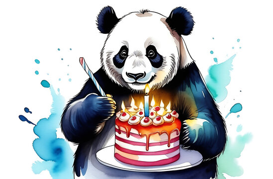 A joyful panda with a big cake and a candle in the cake, a birthday atmosphere. Postcard, screensaver, wallpaper, greetings. Made by artificial intelligence. High quality photo