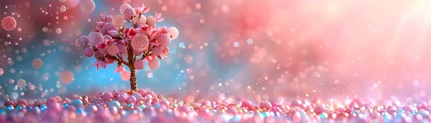 Fotobehang Fantasy candy tree vibrant sweets as leaves closeup dreamy pastel background © Thanadol