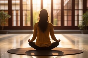 Woman practicing yoga meditation in lotus position, back view, mindfulness and relaxation concept