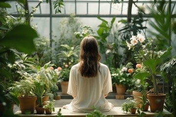 Peaceful person meditating in yoga position, back view, practicing mindfulness and relaxation