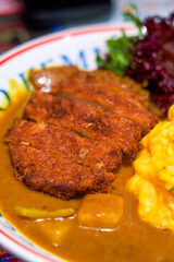 Crispy and delicious curry fried pork cutlet and omelette rice in Hong Kong style tea restaurant