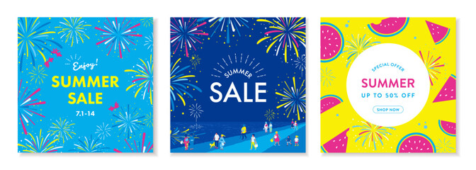 サマーセールのためのカラフルなバナーコレクション。花火やスイカ柄のフラットなデザイン。夏のベクターイラスト。 © Honyojima