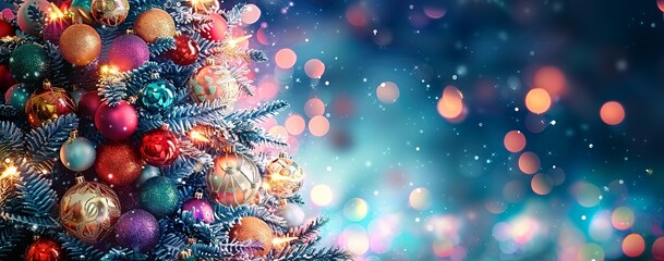 Christmas Tree on Blue Background Adorned with Ornaments and Abstract Defocused Lights. Made with Generative AI Technology - obrazy, fototapety, plakaty
