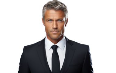 Serious Man in Suit and Tie. On a White or Clear Surface PNG Transparent Background.