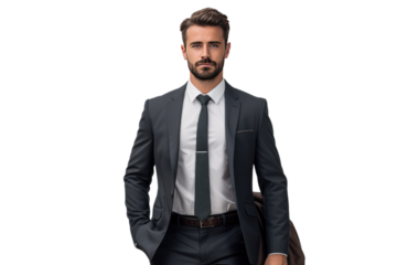 A Man in a Suit and Tie Is Walking. On a White or Clear Surface PNG Transparent Background.