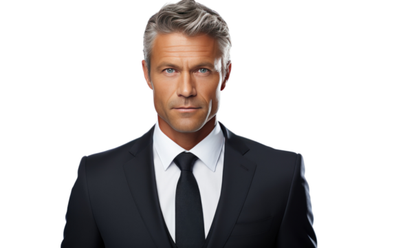 Serious Man in Suit and Tie. On a White or Clear Surface PNG Transparent Background.