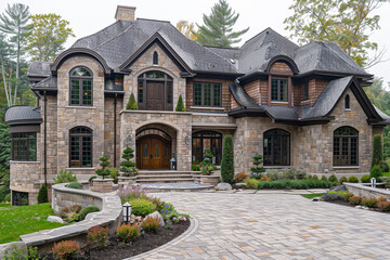 a beige and brown stone house with a curved roof and a circular driveway