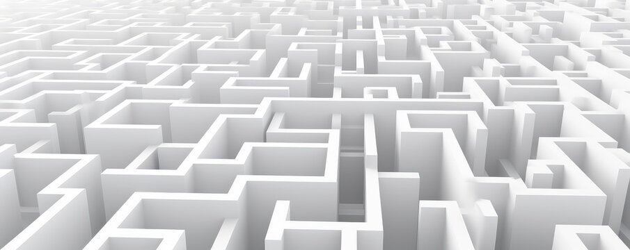 A 3D rendering of white maze signifies challenge, solution finding, and complexity in problem-solving