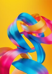 Minimalistic swirly 3D stripes. Colorful abstract twisted shapes on yellow background. - 762085216