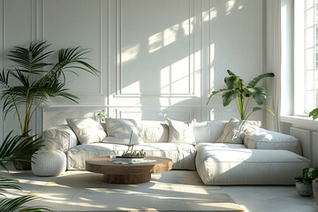 A white living room with a large window, a gray sofa, a wooden coffee table, and a potted plant.