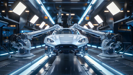 A futuristic car is being built in a factory with robotic arms. The car is white and has a sleek...