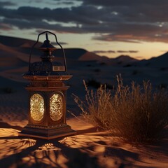 Naklejka premium Eid Mubarak Post with Illuminated Arabic Lantern on Sand Dune During Sunset or Sunrise.