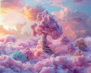 Fantasy candy tree dessert paradise wide lens radiant sunset hues - obrazy, fototapety, plakaty