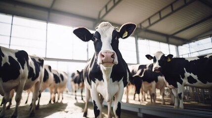 portrait of holstein cow on modern farm - obrazy, fototapety, plakaty