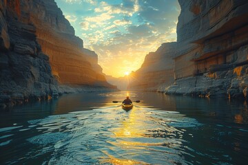 Kayaker navigating through a canyon at sunrise, emphasizing the harmony and beauty of outdoor activities in natural settings - obrazy, fototapety, plakaty