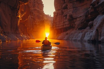 Kayaker navigating through a canyon at sunrise, emphasizing the harmony and beauty of outdoor activities in natural settings