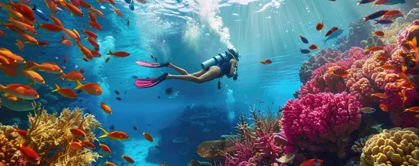 Foto op Plexiglas diver surrounded by tropical fish in a colorful and healthy underwater coral ecosystem © Alena