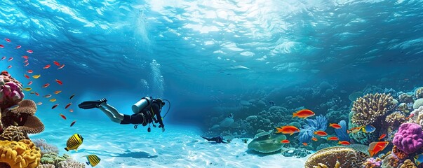 diver surrounded by tropical fish in a colorful and healthy underwater coral ecosystem - obrazy, fototapety, plakaty