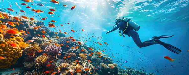 diver surrounded by tropical fish in a colorful and healthy underwater coral ecosystem - obrazy, fototapety, plakaty