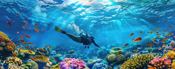 Fototapeta na wymiar diver surrounded by tropical fish in a colorful and healthy underwater coral ecosystem