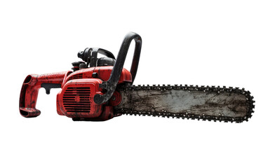 Fototapeta premium Red Chainsaw Against White Background. On a White or Clear Surface PNG Transparent Background.