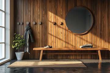 A minimalist entryway with a wooden bench, a coat rack, a shoe rack, and a round mirror.