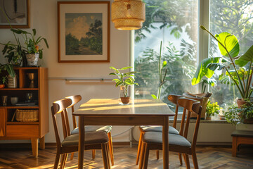 A simple dining room with a wooden table, four chairs, a pendant light, and a framed painting.