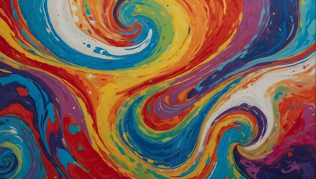 A vibrant, abstract painting with waves of bold, rainbow-colored swirls in an acrylic marbled texture Generative AI