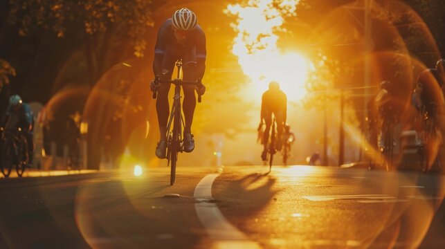Cyclist competing in professional race at sunset