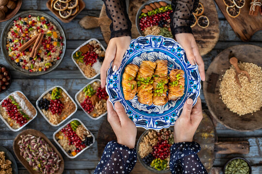 Homemade baklava with walnut and pistachios. Bayram şekeri or sekeri . 