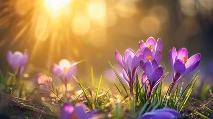 Fototapeten Spring flowers lavender crocuses among green grass in the sunlight © kichigin19