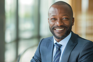 Fototapeta premium african man in business suit smiling and ready to promote, modern day workplace, office photo, in the style of innovating techniques