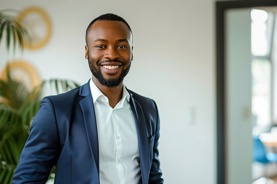 african man in business suit smiling and ready to promote, modern day workplace, office photo, in the style of innovating techniques