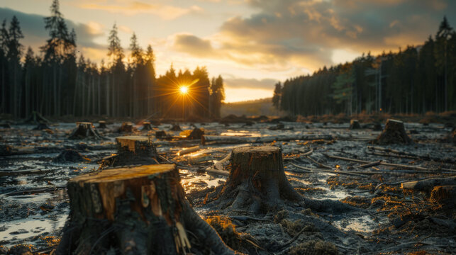 Dire consequences of deforestation with tree stumps