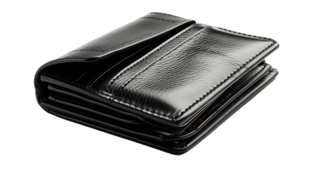A classic black leather wallet opened to reveal multiple compartments for cards and cash