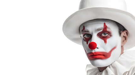 Portrait of sad depressed clown or mime man on white isolated background with copy space