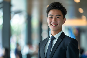 asian man in business suit smiling and ready to promote, modern day workplace, office photo, in the style of innovating techniques