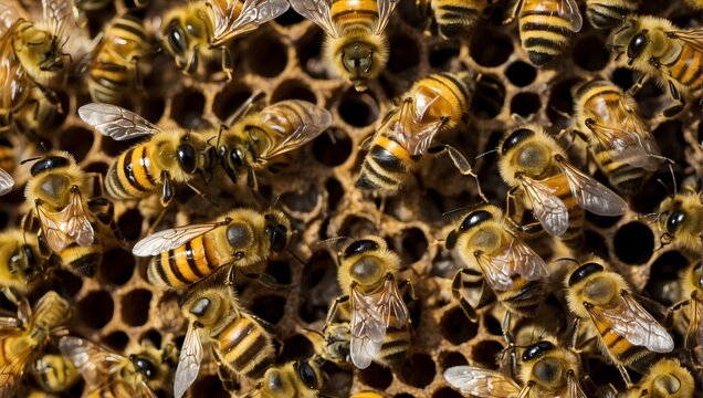 Inside a bustling beehive, the queen bee, identifiable by a unique dot, commands attention among her loyal workers Generative AI